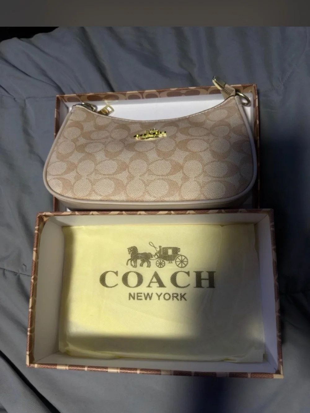 Coach Beige Signature Logo Shoulder Bag with Gold Hardware
